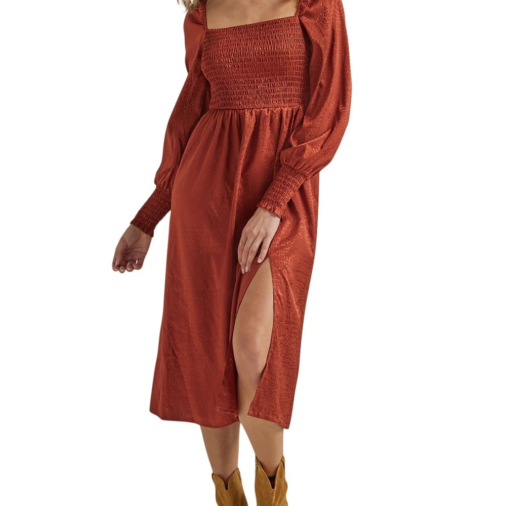 WRANGLER RETRO® SHINE SMOCKED BODICE DRESS IN MAHOGANY